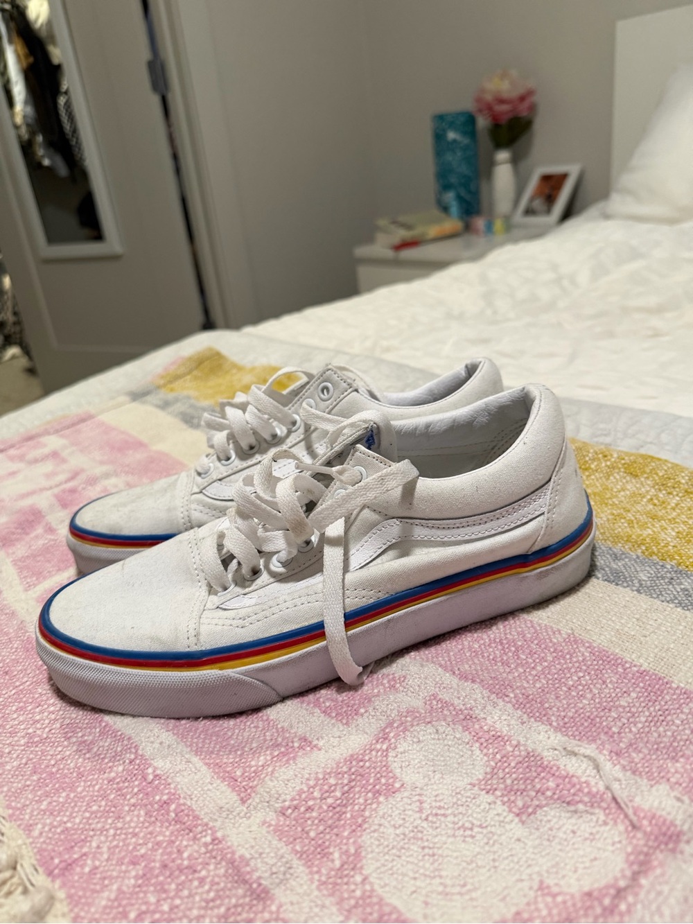 Women’s White Canvas Sneakers with Rainbow Stripe
